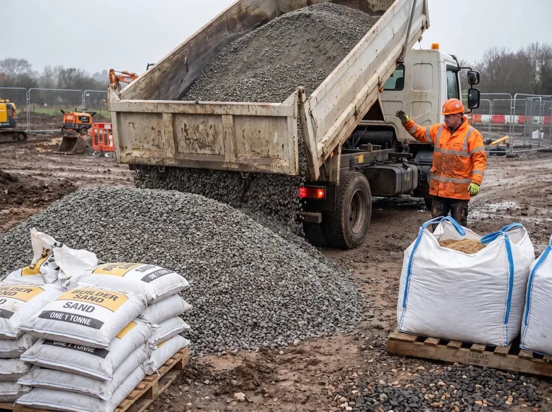 Tipper delivering aggregate to site