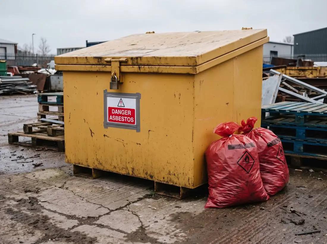 Sealed lockable asbestos skip with hazard signage