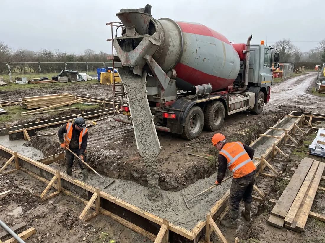 Ready-mix concrete pouring into foundations