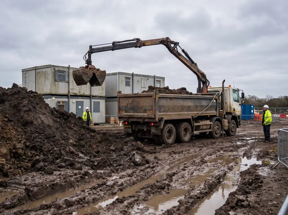 Grab wagon loading spoil on a groundworks site