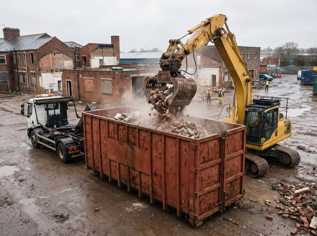 Roll-on roll-off container being loaded by an excavator