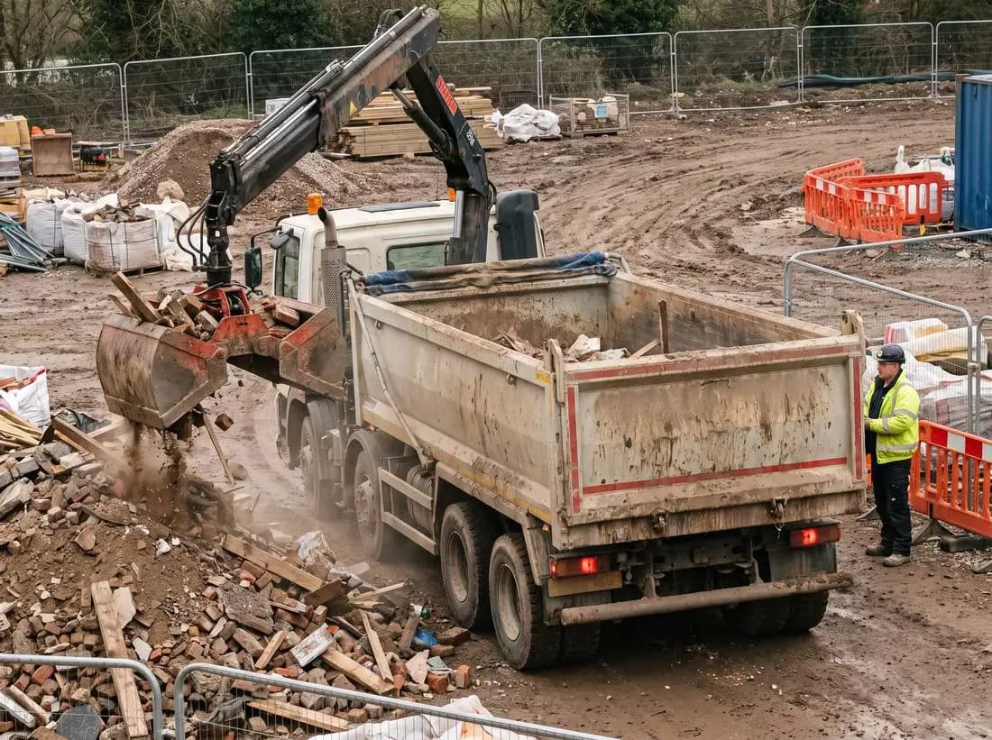 Grab lorry lifting construction waste